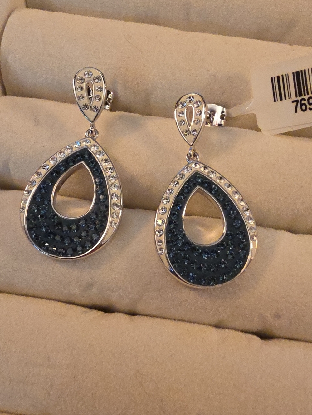 Teardrop Dangle Earrings with Dark Blue Crystal Inlay